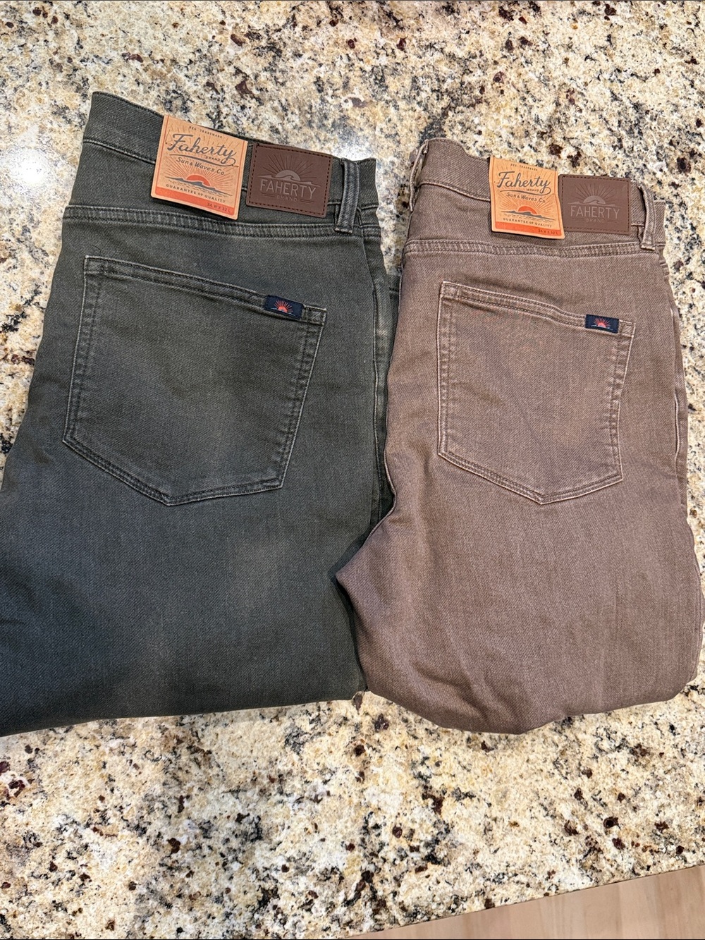 Faherty Slim Straight Jeans in Olive Green and Brown